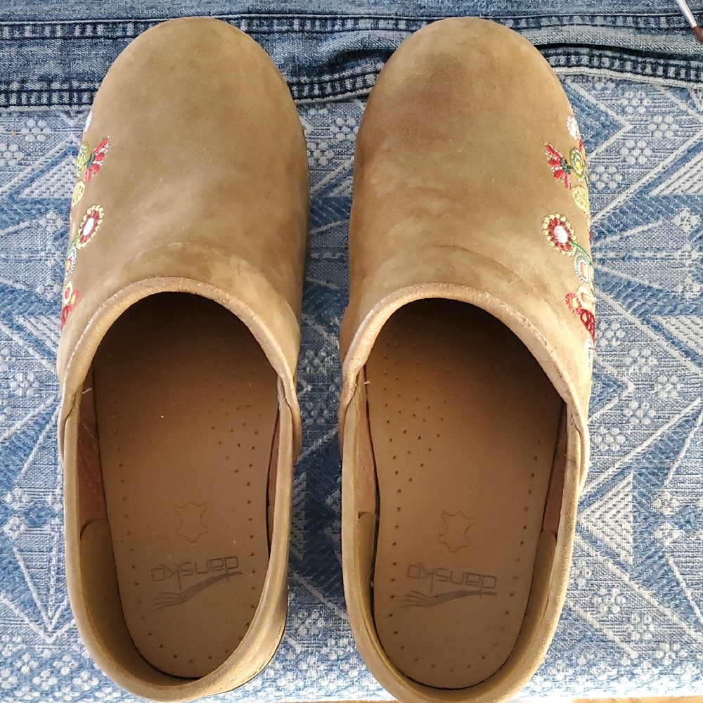 Dansko Tan Floral Embroidered Clogs- 39